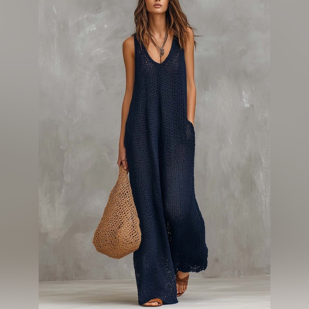Chic Navy Knit Jumpsuit/Cover-Up